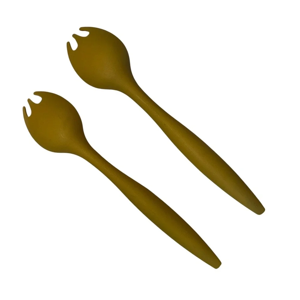Vintage Tupperware Salad Server Set Harvest Gold Mustard Yellow Spork Tongs 12